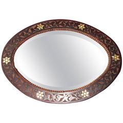 Antique Mahogany Oval Mirror Inlaid with Mother-of-pearl