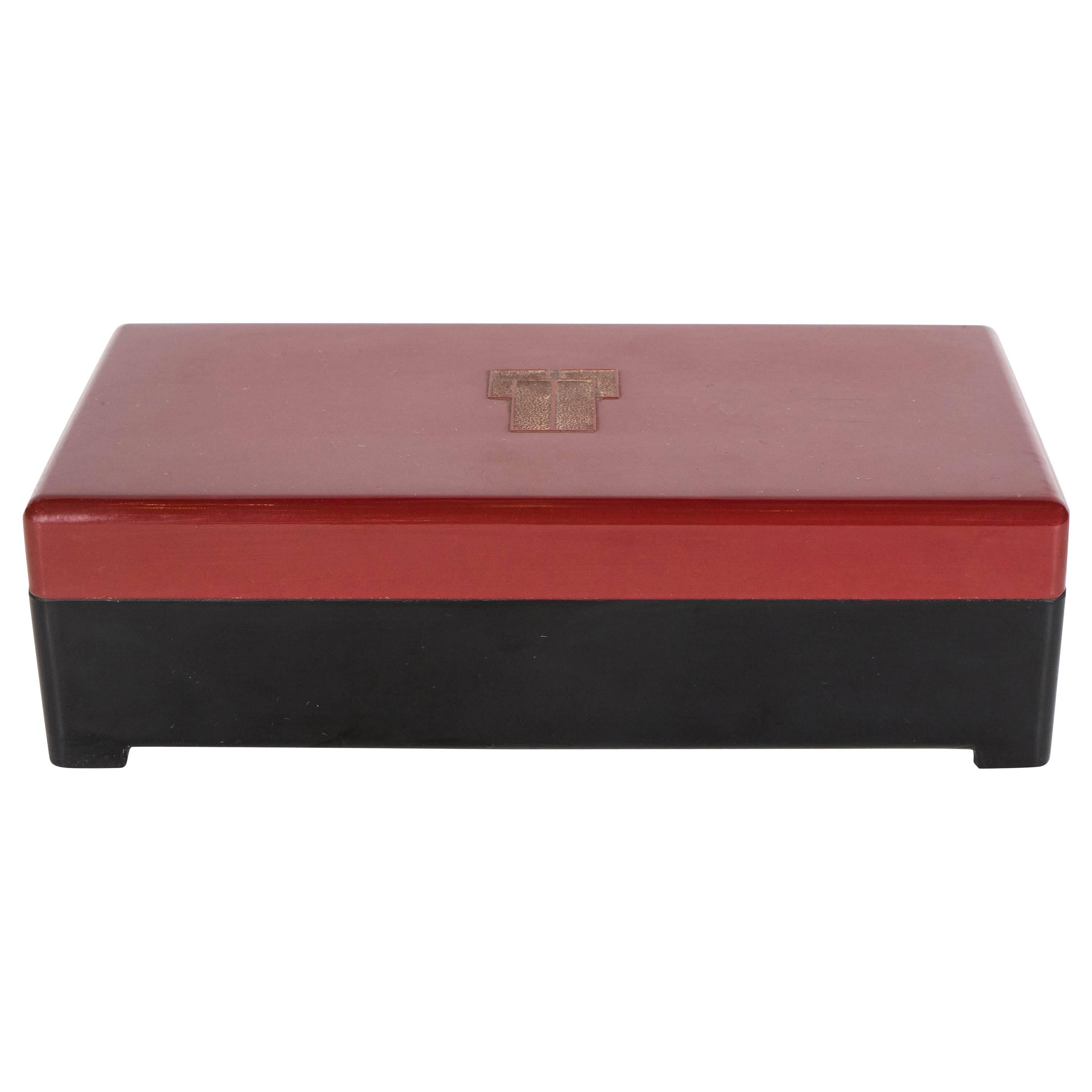 Streamlined Art Deco Bakelite Box with Burgundy Top with Cubist Detail