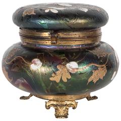 Elegant Tiffany Style Hand Painted Hinged Glass Box with Gilt Floral Design