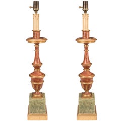 Pair of Early 20th Century Italian Gilded and Painted Candlestick Lamps