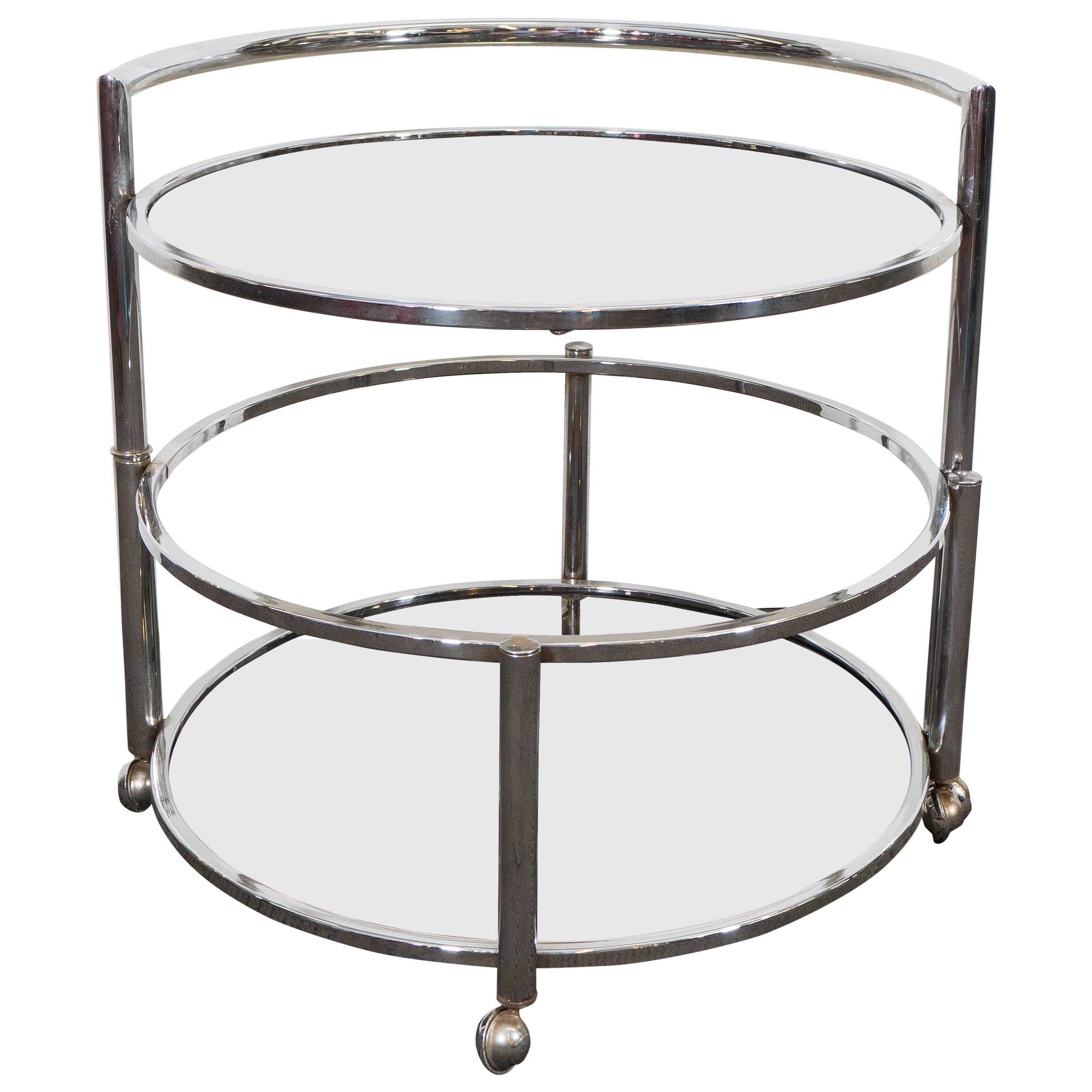 Midcentury Adjustable Round Occasional Table in Chrome & Smoked Glass on Casters