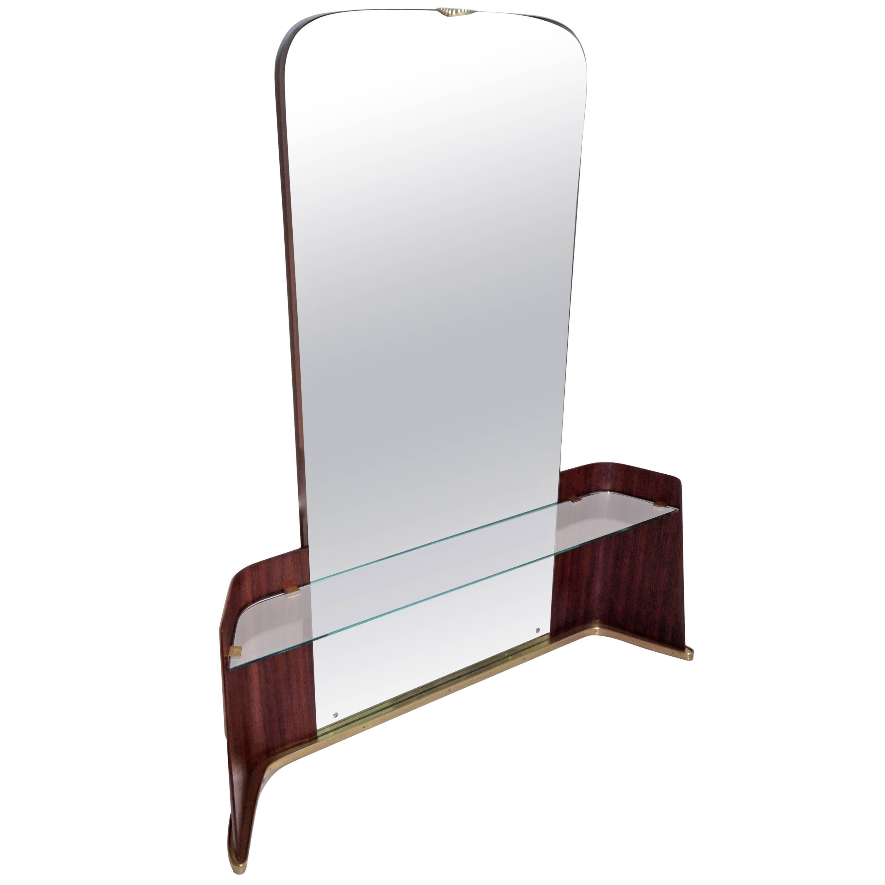  Brass and Rosewood Mirror and Console by Saffa, Italy For Sale