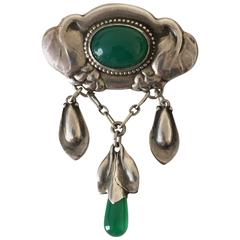 Antique Evald Nielsen Silver Brooch with Green Gemstones