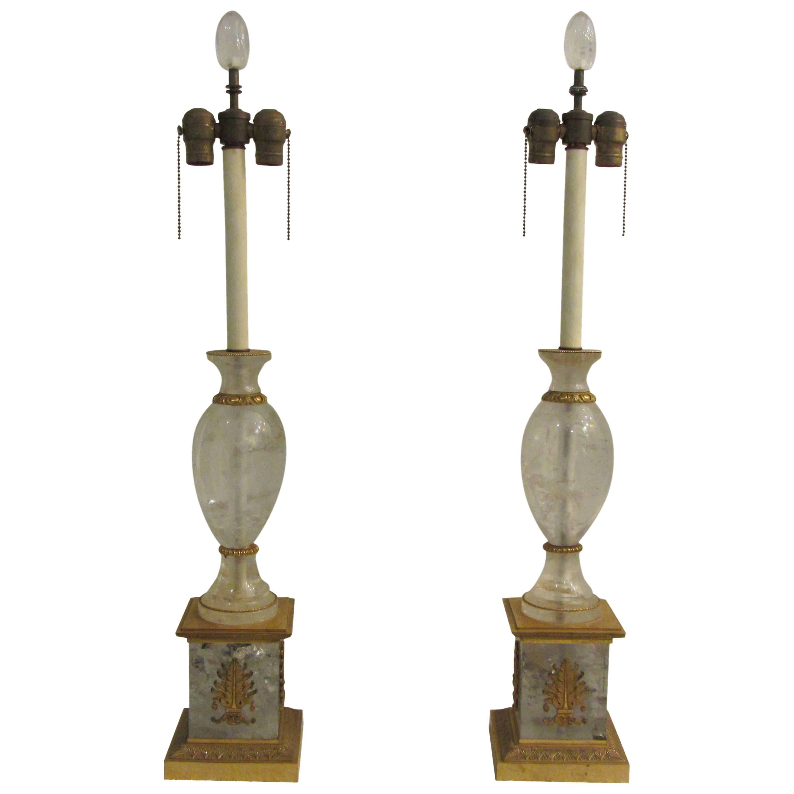 Pair of Antique French Empire Style Rock Crystal Table Lamps