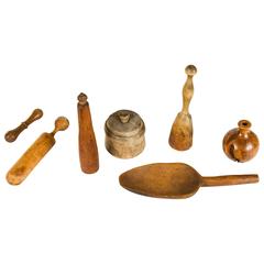 Antique Collection of Carved Wood Kitchen Tools 