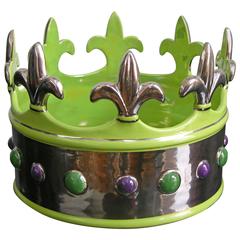 Vintage Italian Majolica Crown Bowl in Lime Green with Platinum Finish