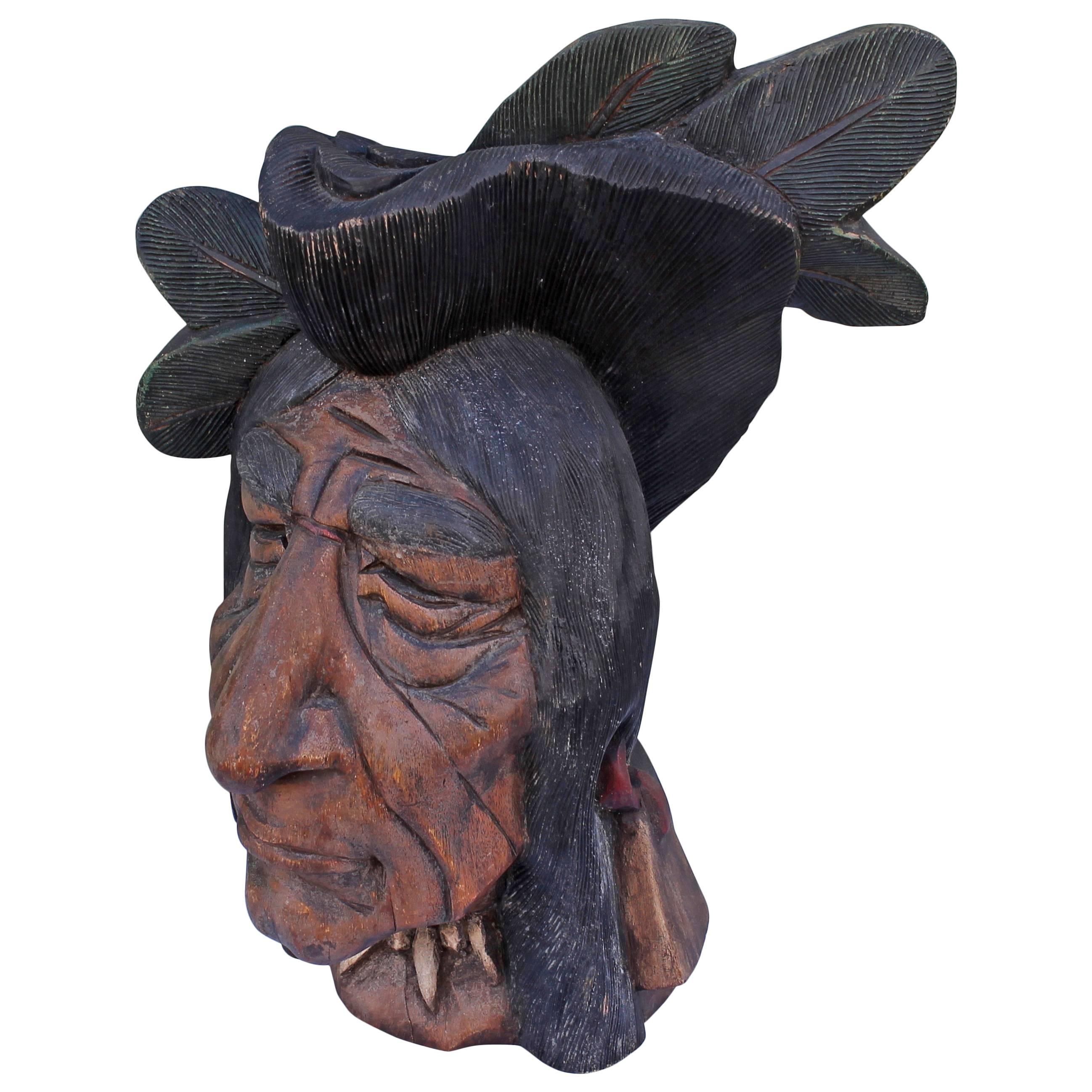 19th Century Original Painted Cigar Store Indian Head Carving