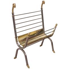 Mid-Century Brushed Steel and Brass Magazine Rack in the Style of Maison Jansen