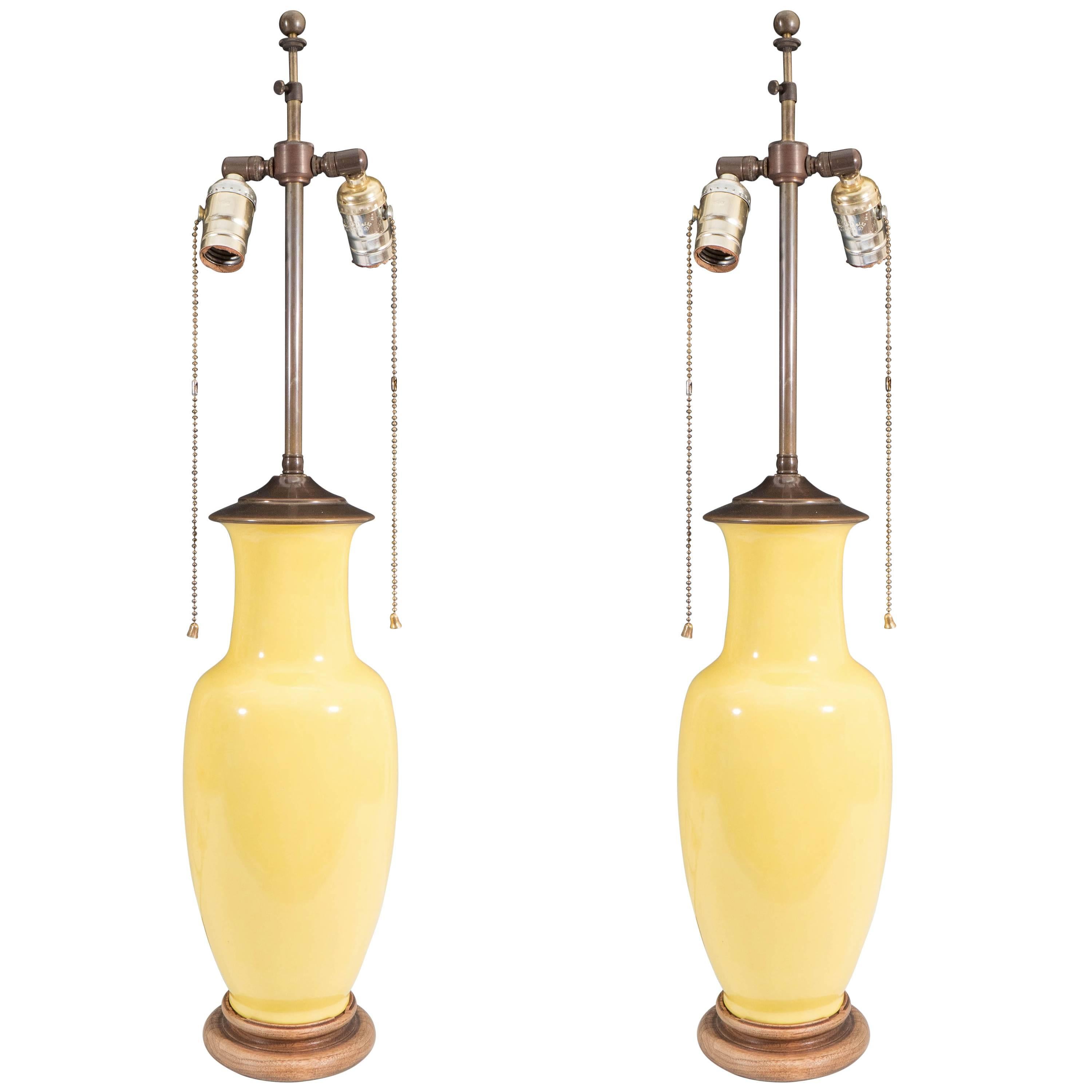 Pair of Ceramic Yellow Table Lamps as Chinese Ginger Jars