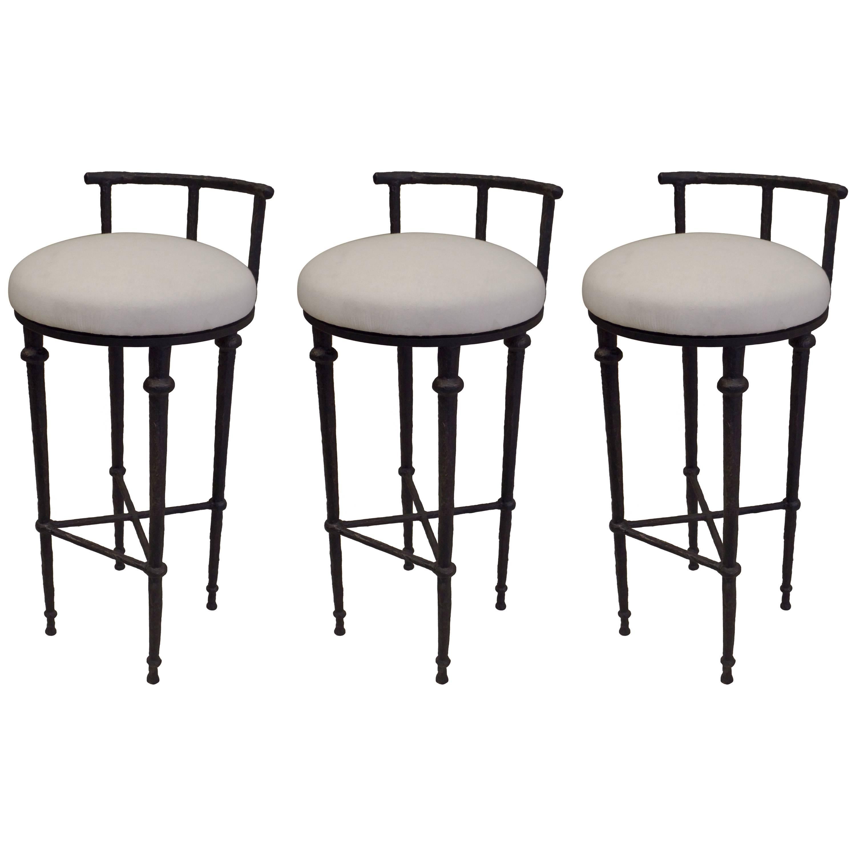 Three French Mid-Century Modern Neoclassical Solid Bronze Bar Stools, Giacometti For Sale