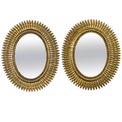Unusual Pair of Spanish 1940's Gilt Metal Sunburst Mirrors 12