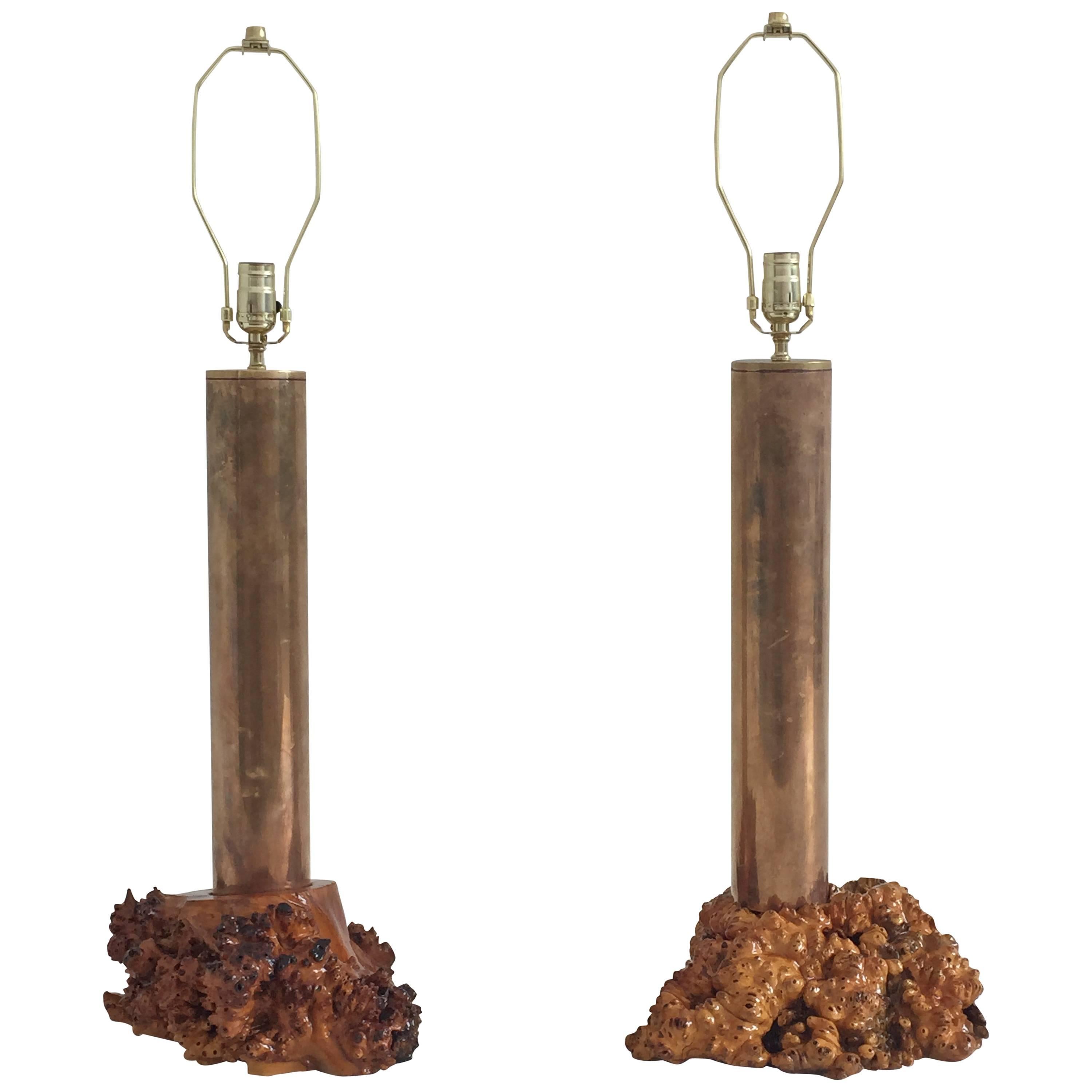 California Studio Modern Cylindrical Brass and Burl Wood Lamps For Sale