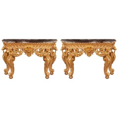 Pair of Giltwood and Marble Console Tables in the Manner of William Kent
