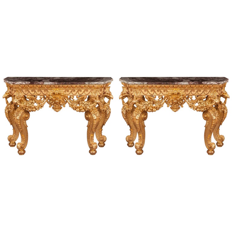 Pair of Giltwood and Marble Console Tables in the Manner of William
