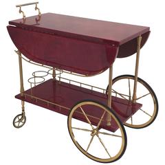 Red Parchment Aldo Tura Drop-Leaf Bar Cart
