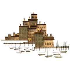 Curtis Jere Wall Sculpture, 'A Village On A Harbor With Small Boats' 