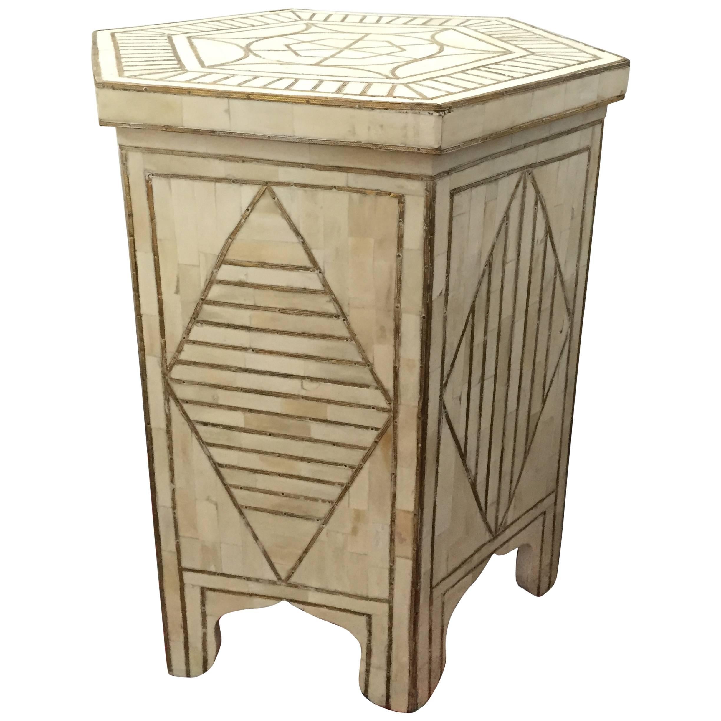 Bone and Brass Inlay Side Table with Geometric Modern Design For Sale