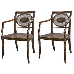 Pair of Edwardian Paint Decorated and Caned Armchairs