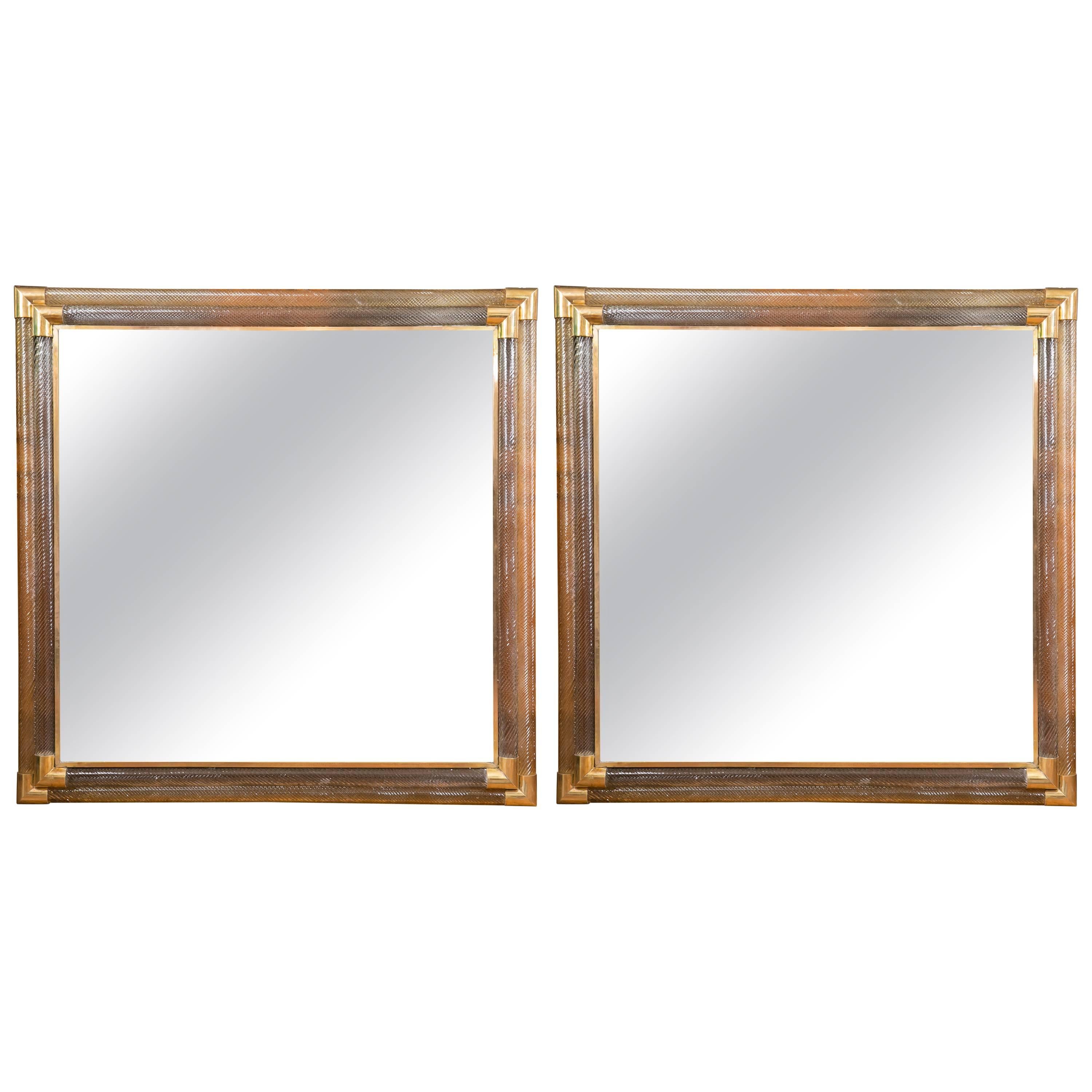 Pair of Square-Shaped Double Twist Blown Glass Mirrors 