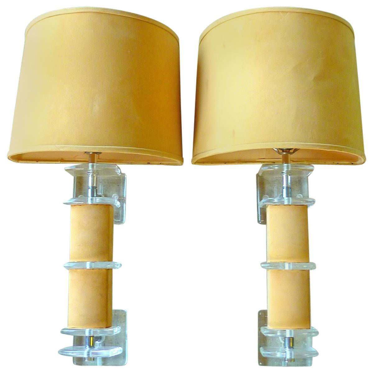 Rare Pair of Lucite and Faux Suede Sconces For Sale