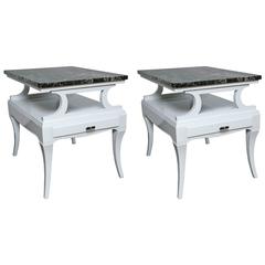 Vintage Hollywood Regency Pair Lacquered Side Tables,  Black Italian Marble Top