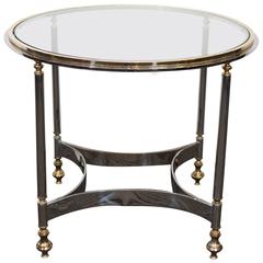 Maison Jansen Style Round Glass Top Side Table in Chrome with Brass Detail