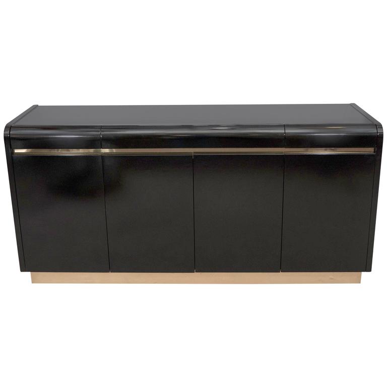 Lane Black Lacquer Credenza With Brass Accents At 1stdibs