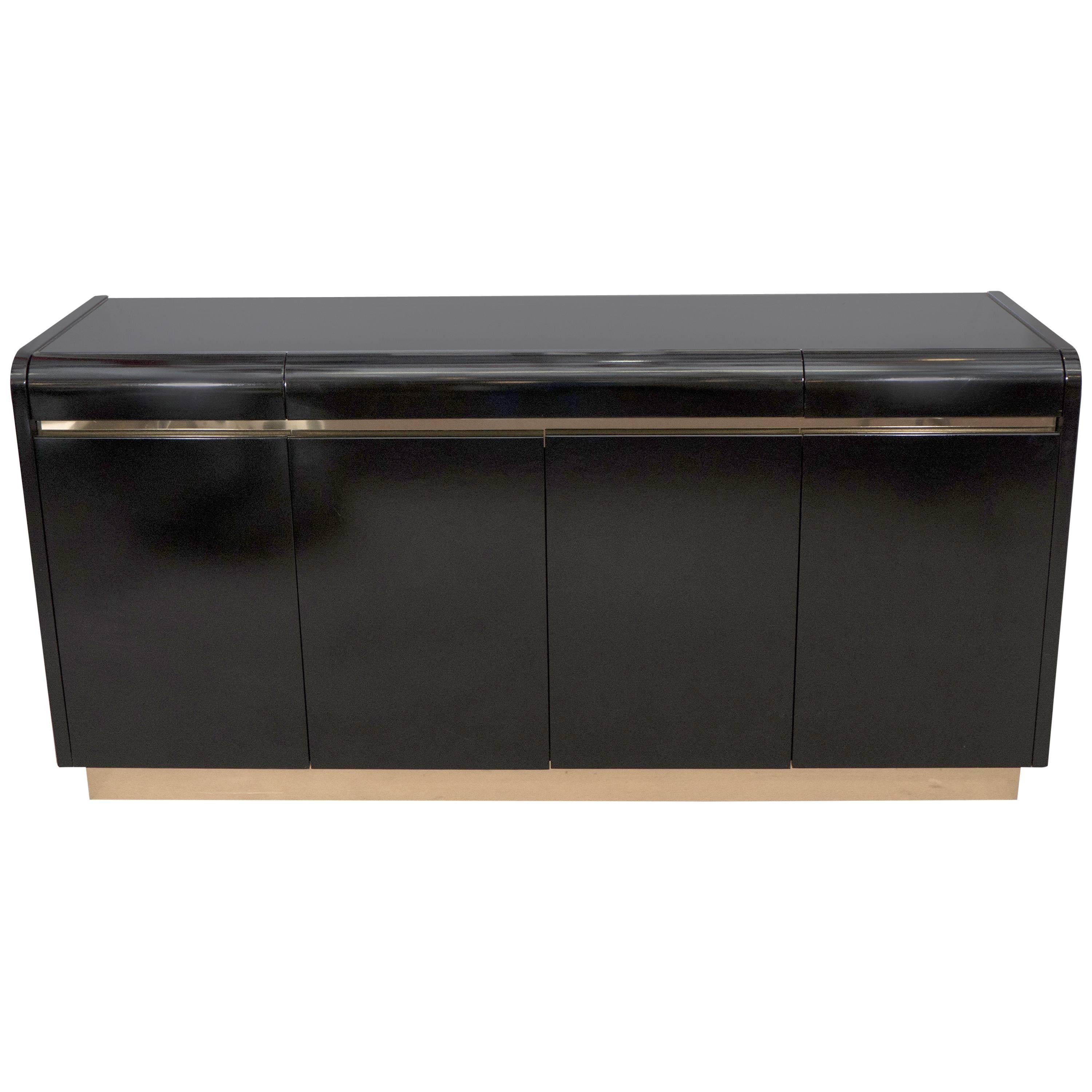 Lane Black Lacquer Credenza with Brass Accents