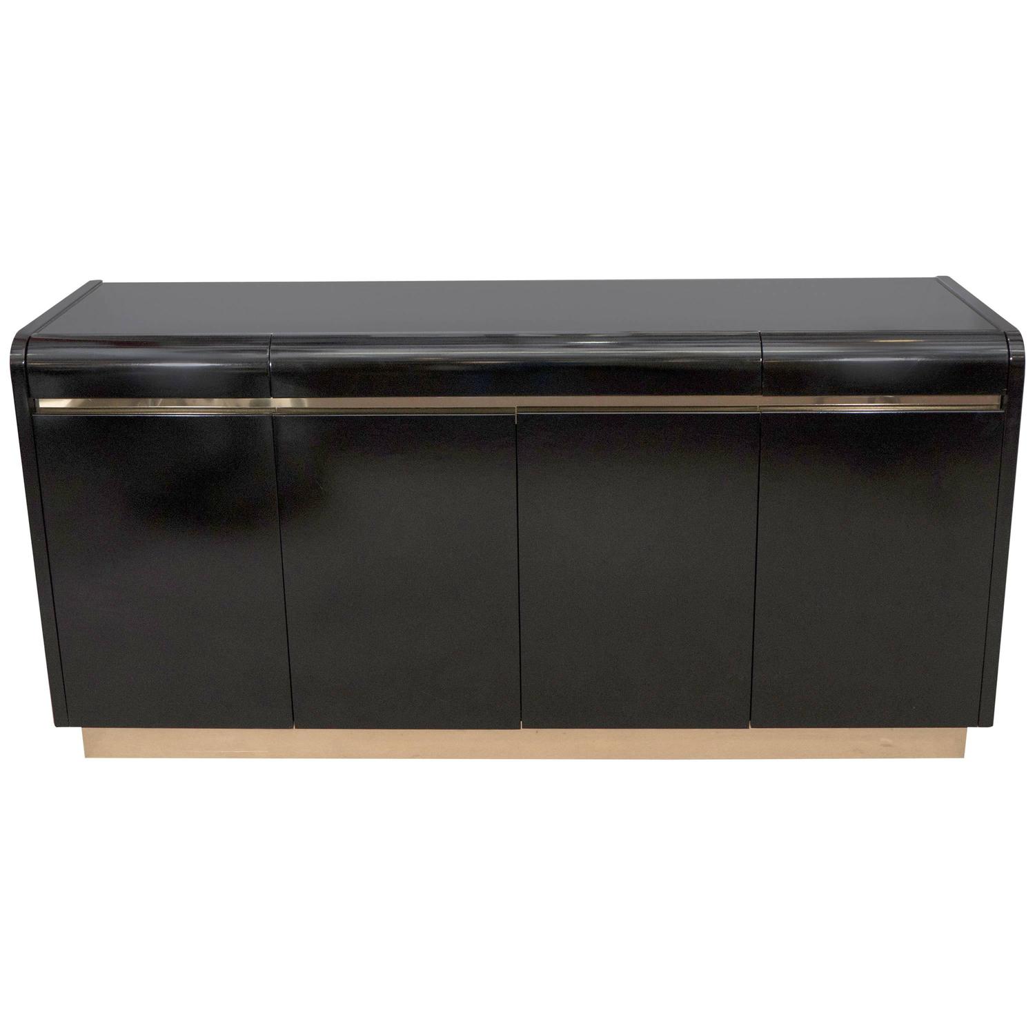 Lane Black Lacquer Credenza with Brass Accents at 1stdibs