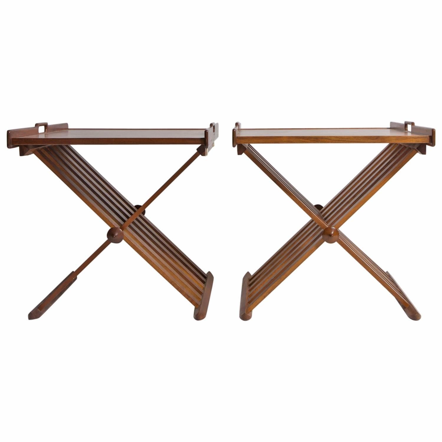 Pair of Walnut Folding Campaign Tray Tables by Stewart MacDougall for Drexel For Sale