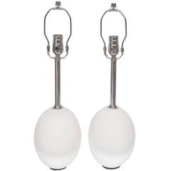 Bespoke Pair of Modern Faux-Ostrich Egg Ceramic Table Lamps, Polished Chrome