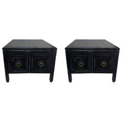 Pair of Decorator Flower Handle Whitewashed Black Wood Cabinets