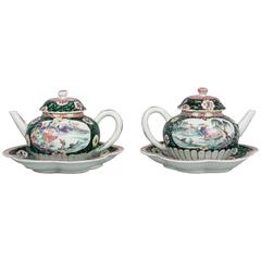 Antique Pair of Chinese Porcelain Famille Rose Moulded Teapots, 18th Century