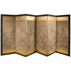 Japanese Six Panel Folding Screen, circa 19th Century