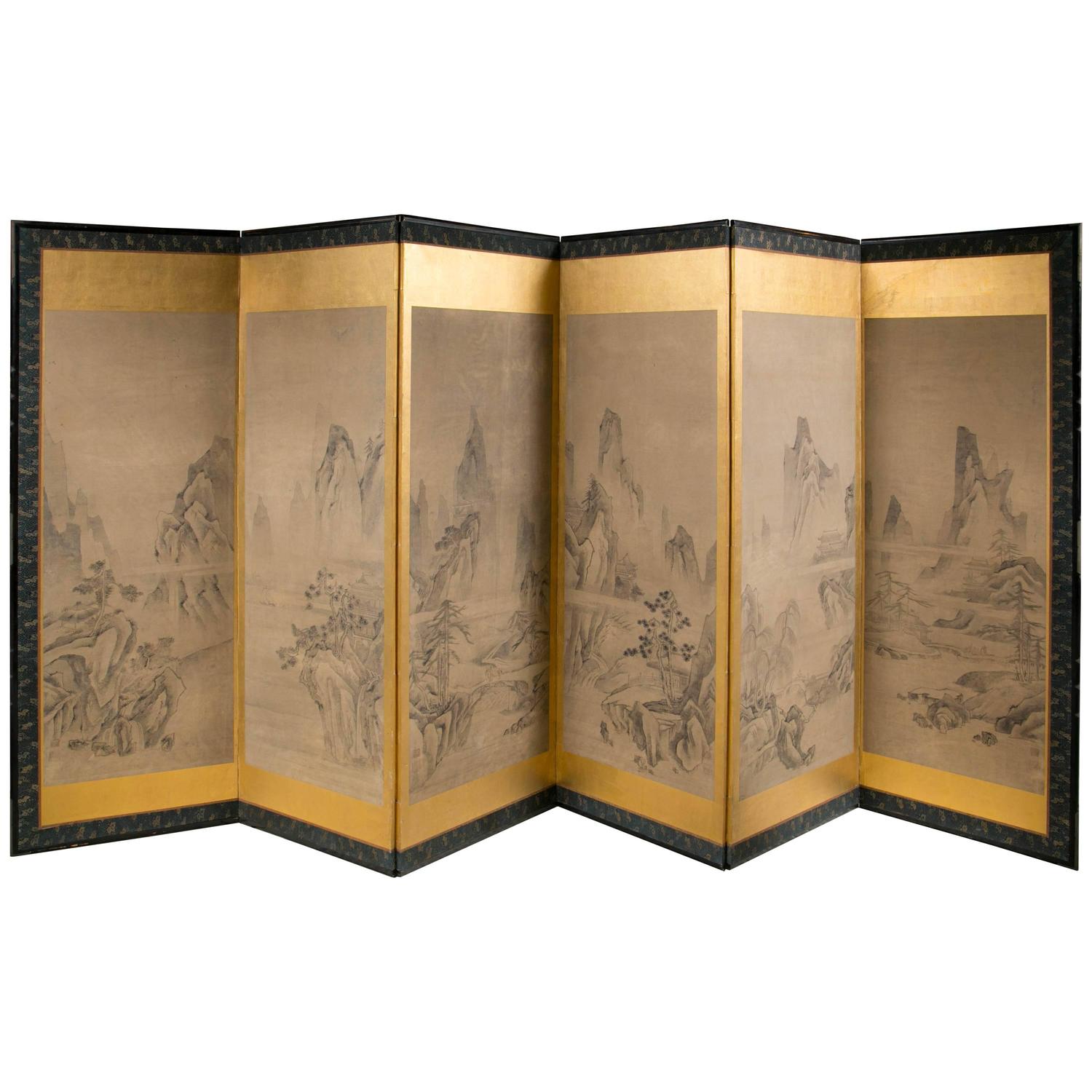 Japanese Six Panel Folding Screen, circa 19th Century For Sale at 1stdibs