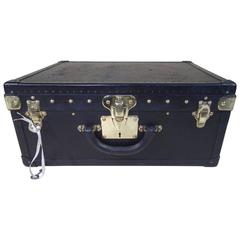 Vintage 1940s Louis Vuitton Black Leather Suitcase with Key 