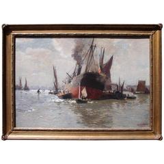 Antique 20th Century Marine Oil Painting, Beached Boats on the Thames by C. Wagner