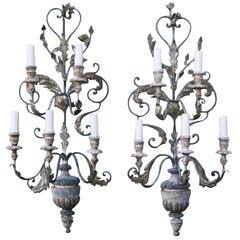 Five-Light Italian Carved Wood Sconces with Urns