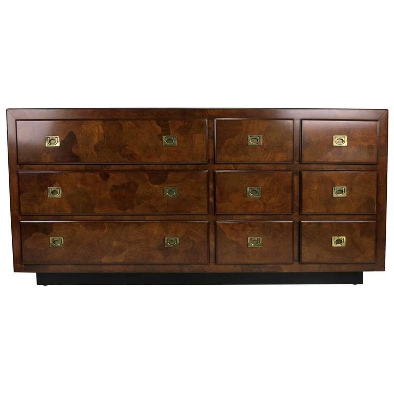 Oyster Burl Dresser with Campaign Style Brass Hardware For Sale at 1stdibs