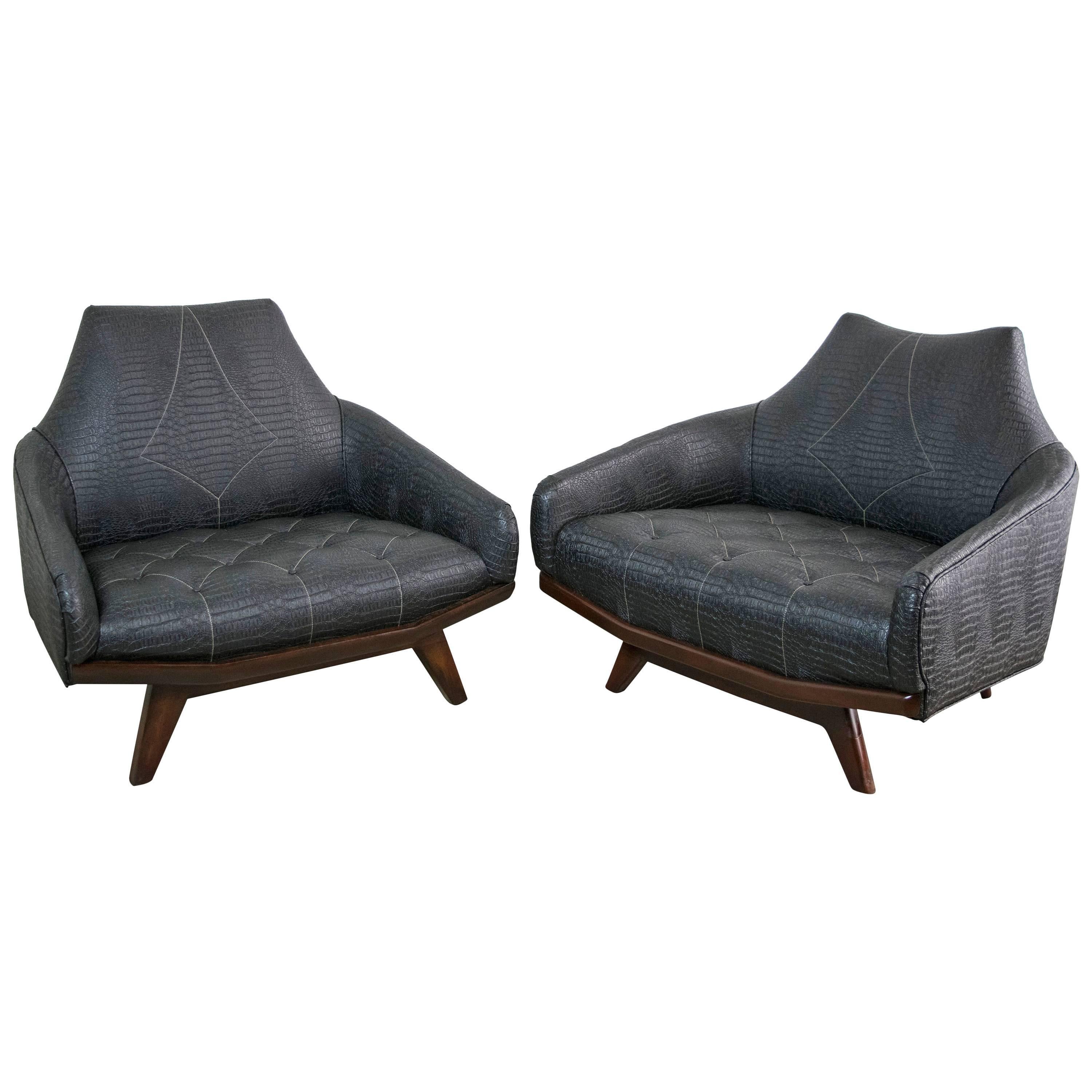 Wildly Sculptural Adrian Pearsall "Batman" Chairs in Black Faux Alligator