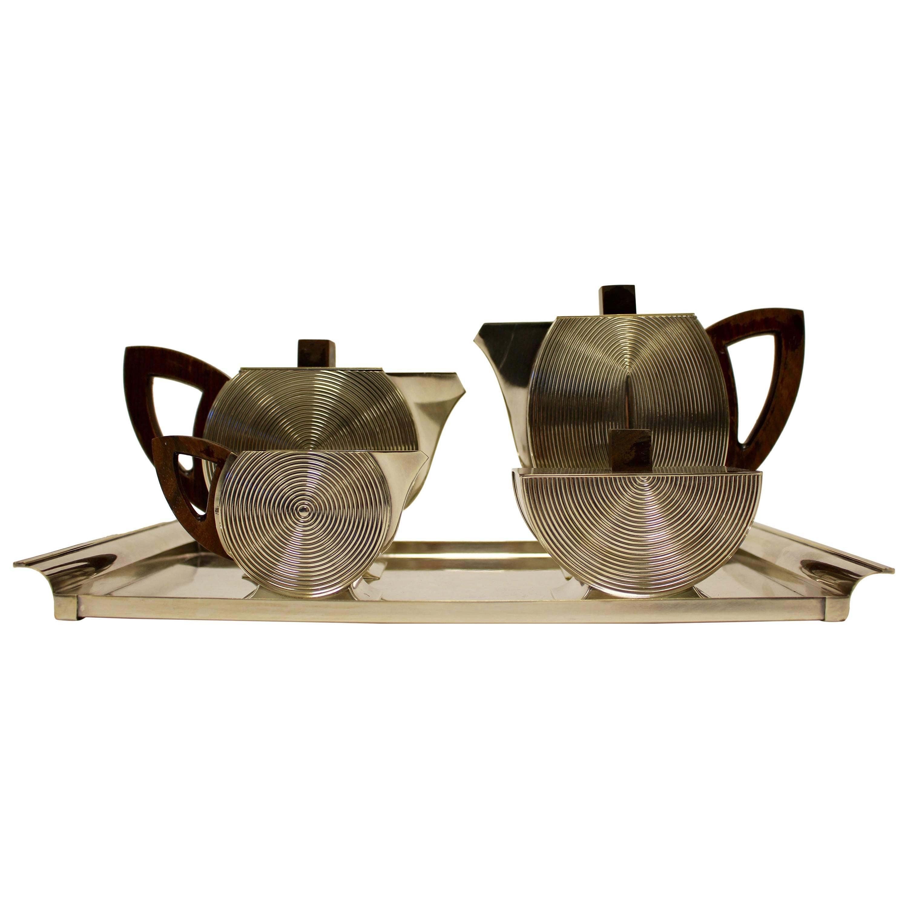 French Silver Art Deco Five-Piece Tea and Coffee Set with Wood Handles and Tray