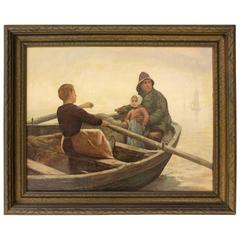 Antique Painting of a Woman Blissfully Rowing a Seaman Holding a Small Child