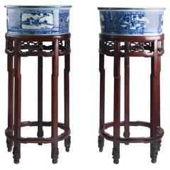 Antique Chinese Porcelain Planters, circa 1900 Rosewood Original Pedestals