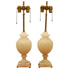 Pair of Polished and Carved Alabaster Neoclassical Style Urn Lamps