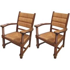 Unusual Pair of Caned Oak Armchairs with Barley-Twist Arms and Legs