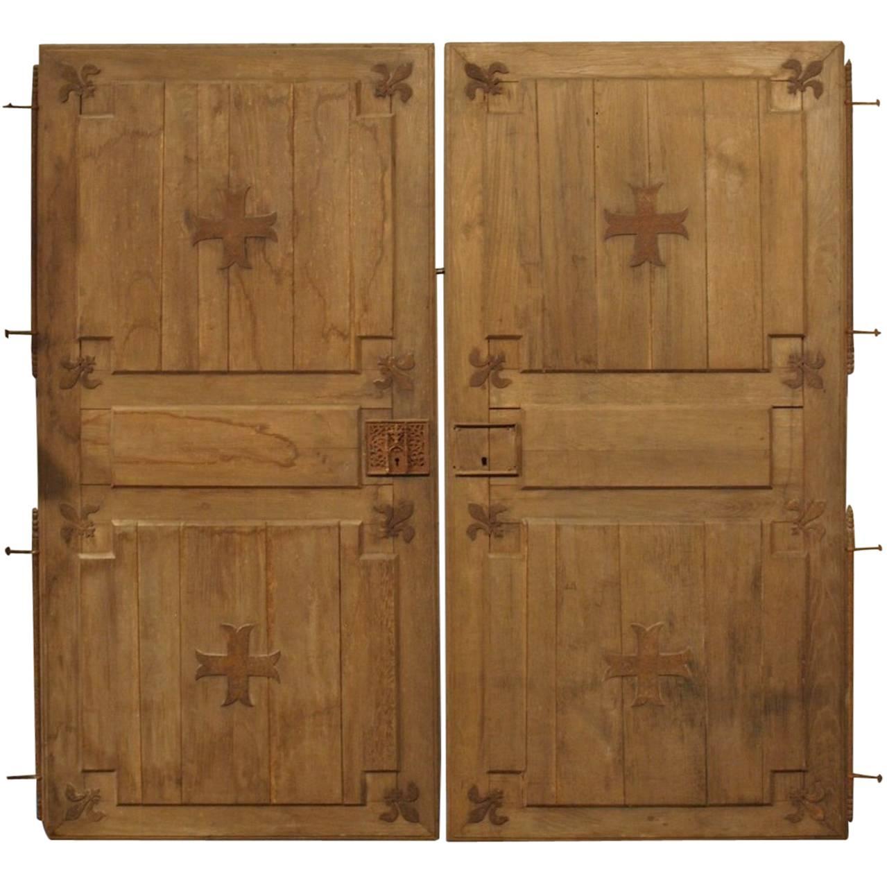 Pair of French 19th Century Doors in Bleached Oak and Iron 