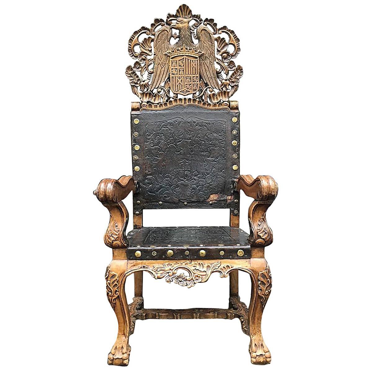 18th Century Peruvian Spanish Colonial Armchair Wood with Tooled Leather For Sale