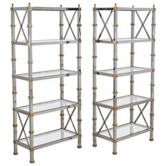 Pair of Five-Tiered Brass and Chrome Framed Etageres, 1970s