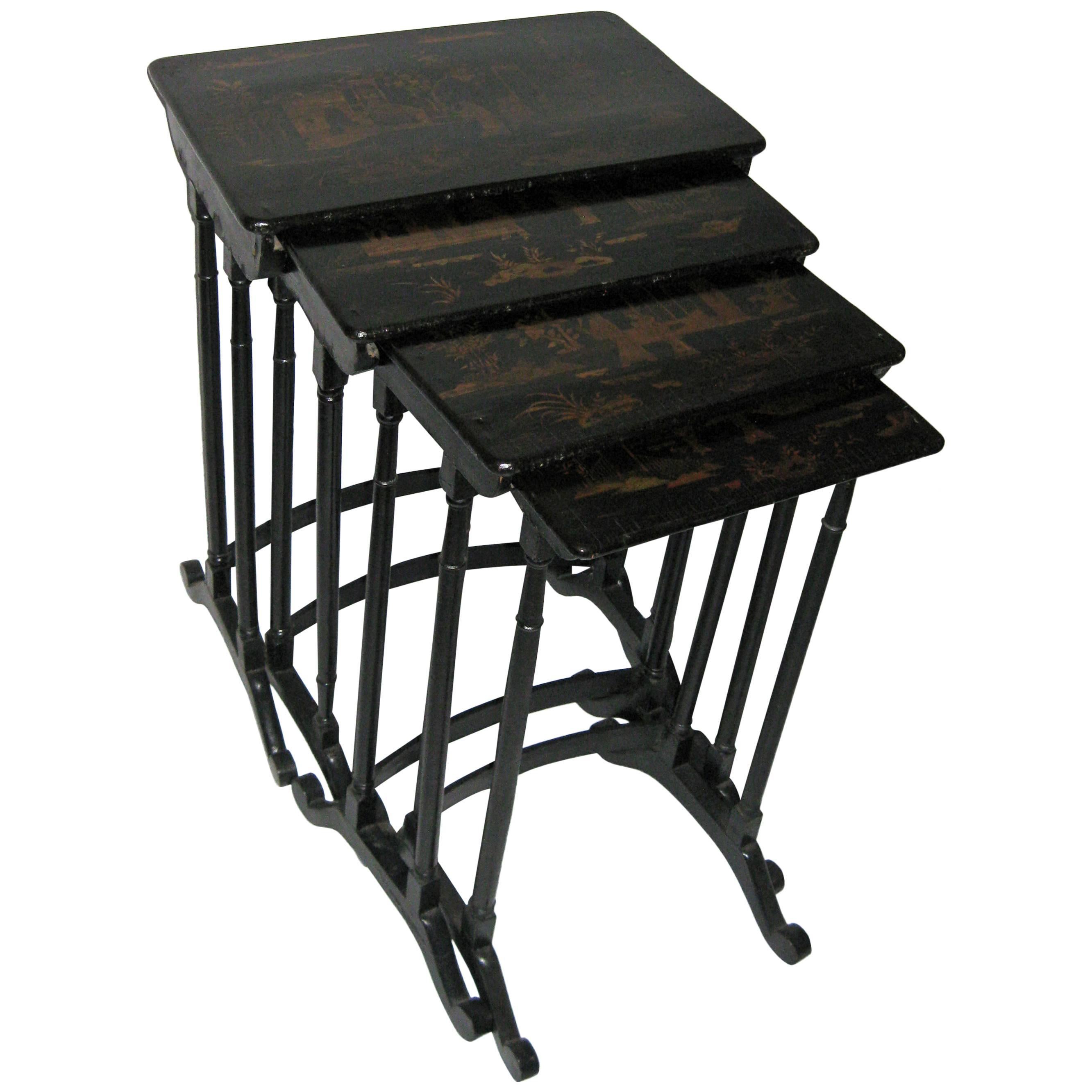 19th century Set of Four Black Lacquered Japanned Chinoiserie Nesting Tables