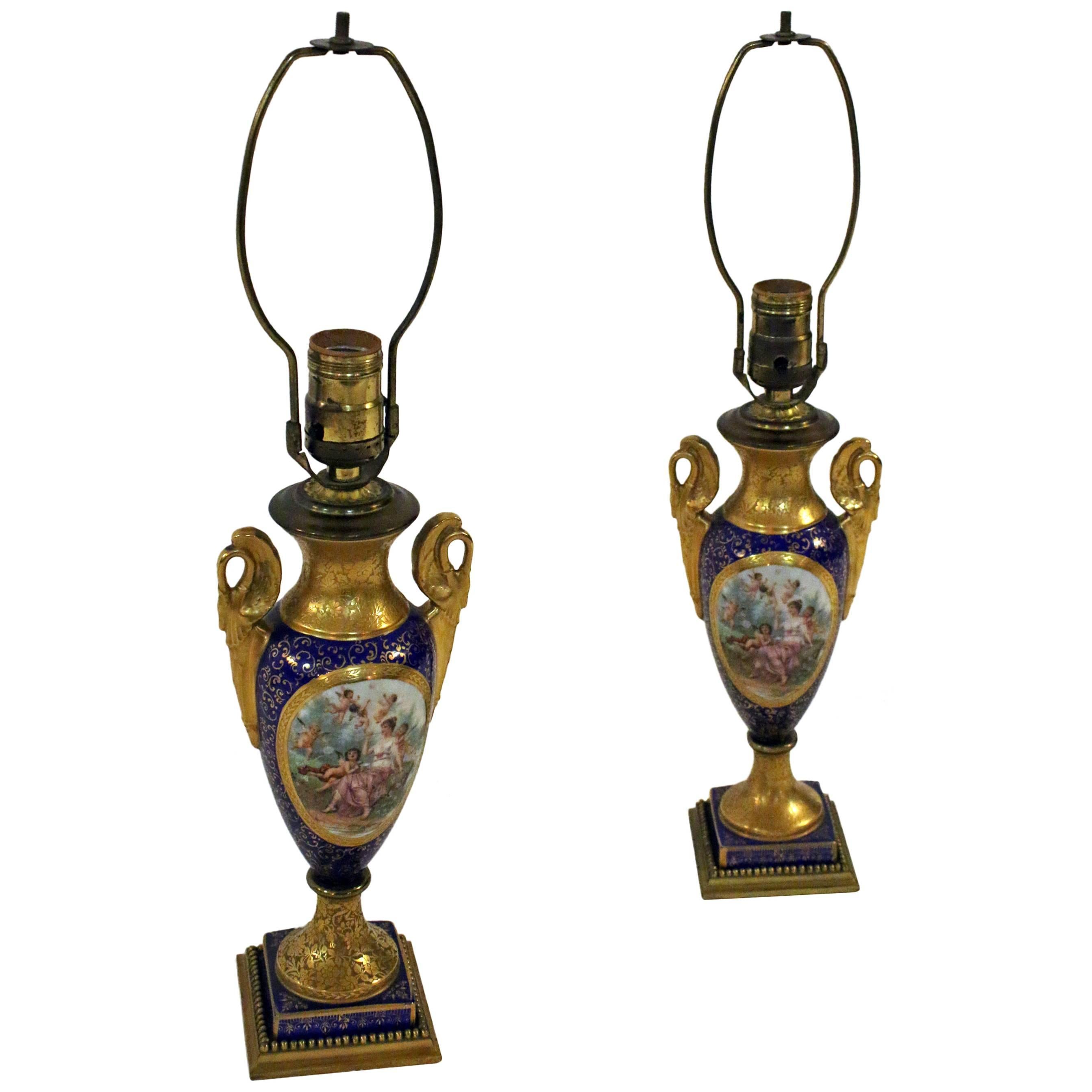 Sèvres Style Louis XVI Porcelain Lamp, Pair